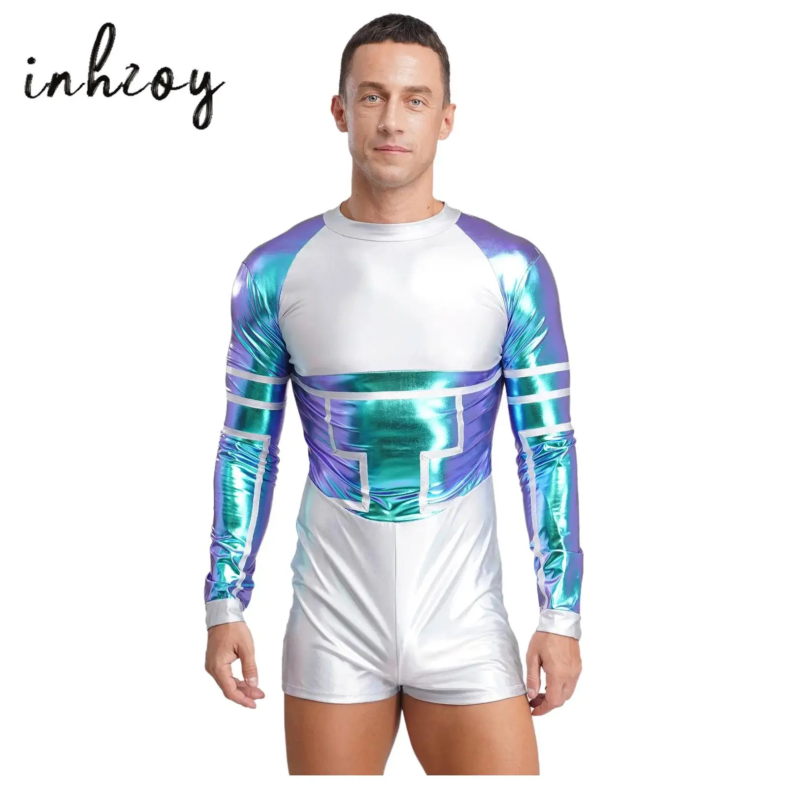 

Mens Alien Robot Jumpsuit Contrast Color Metallic Shiny Long Sleeve Bodysuit for Astronaut Space Halloween Themed Party Cosplay