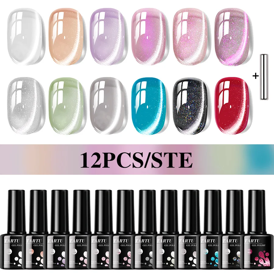 Ensemble de vernis à ongles Gel œil de chat 12 pièces Gel pour ongles Gel Semi-permanent 12 couleurs nu rose rouge bleu vert marron noir, haut