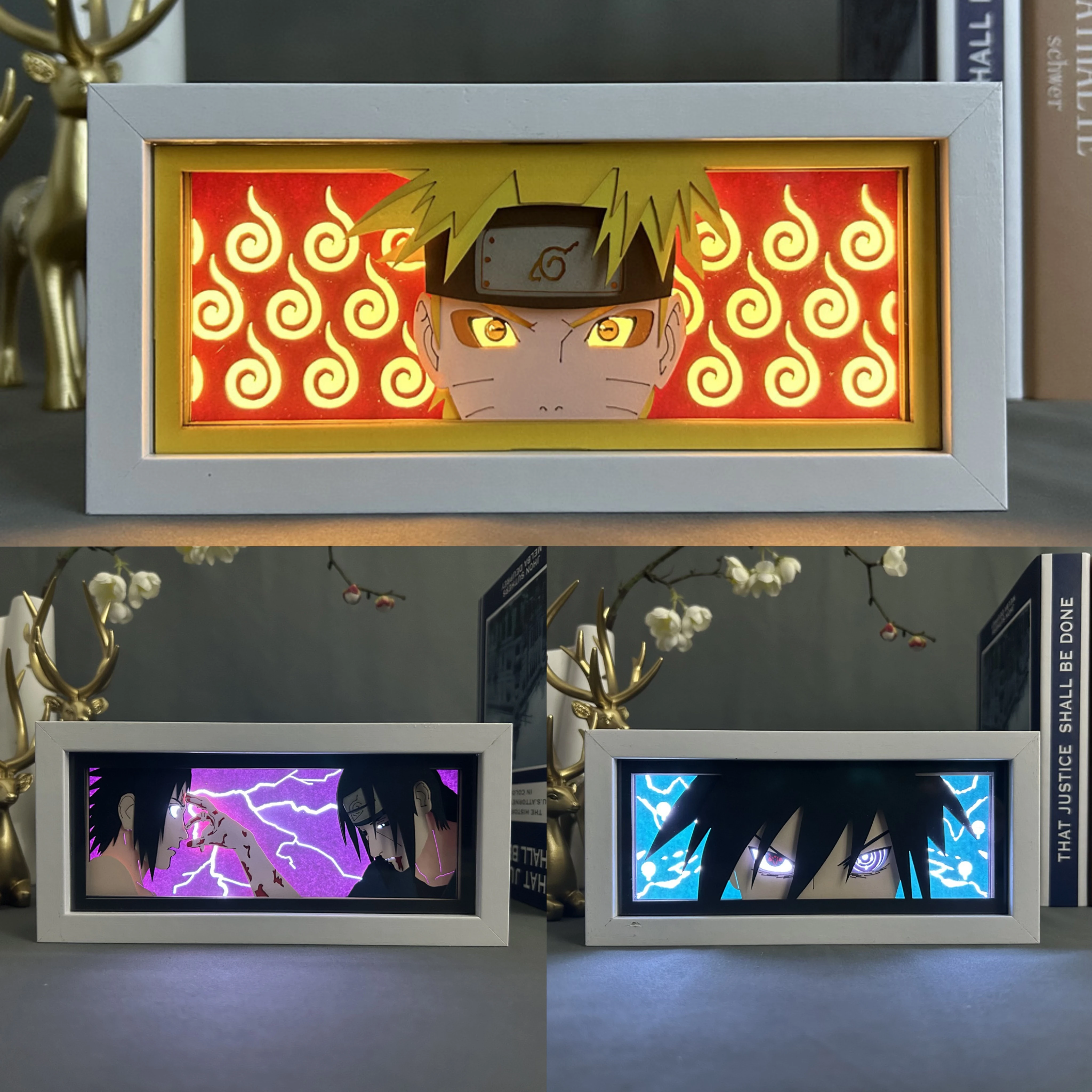 Naruto LED Paper Carving Lamp Anime Figure Uchiha Sasuke Itachi Paper Cuttings Frame Night Light  Bedroom Decoration Toy Gift