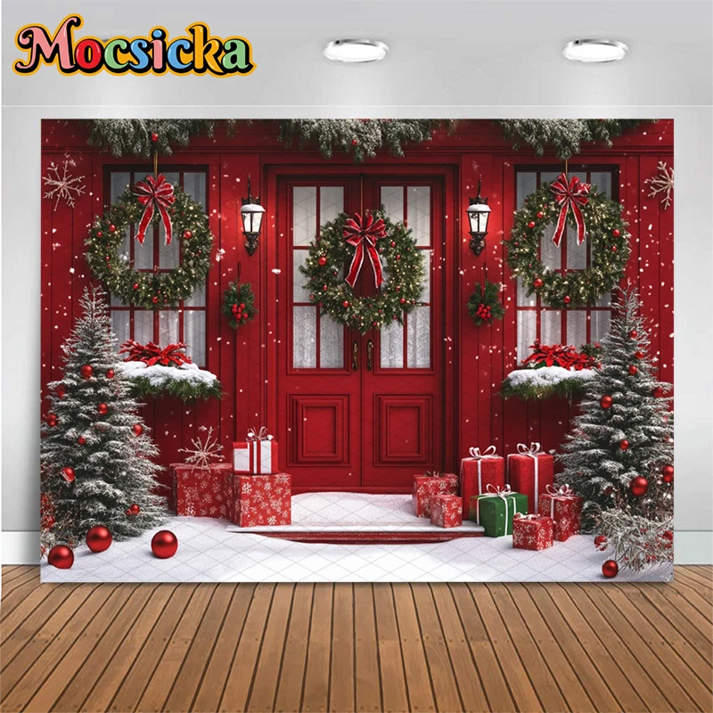 Mocsicka Red House Christmas Background For Photography Gift Tree Party Backdrop  Bow Door Wreath Snow Decor Banner Photocall