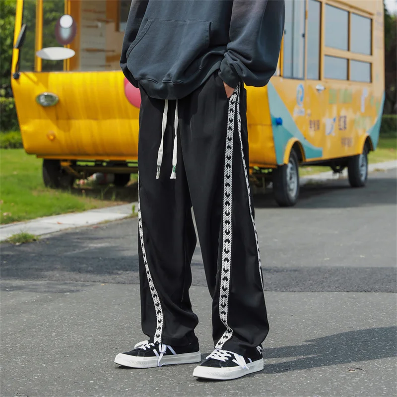 Ice Silk Striped braided tape Wide-leg Pants Men Spring Summer Fashion Oversized Loose Straight Male Trousers 5XL-M