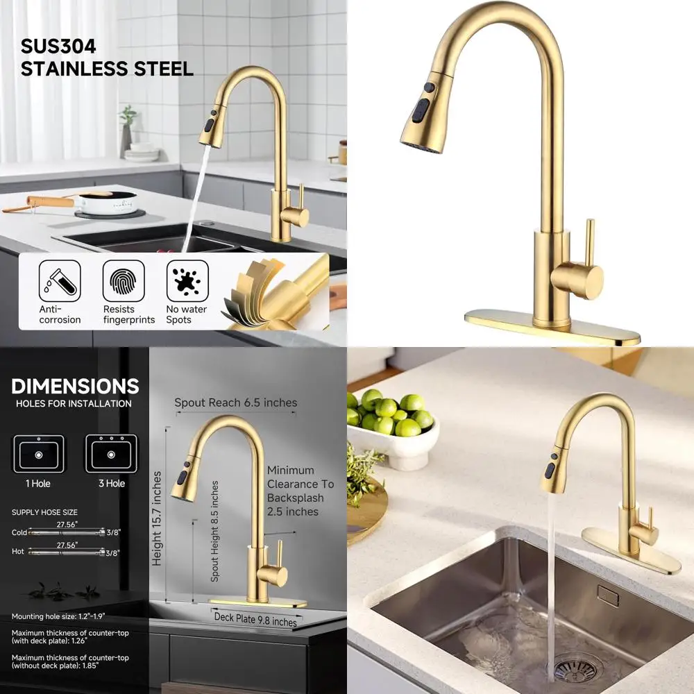 

High Arc Pull-Down Spray Kitchen Faucet in Brushed Gold, 3-Function for Stainless Steel Sink, Suitable for Farmhouse, Camper, La