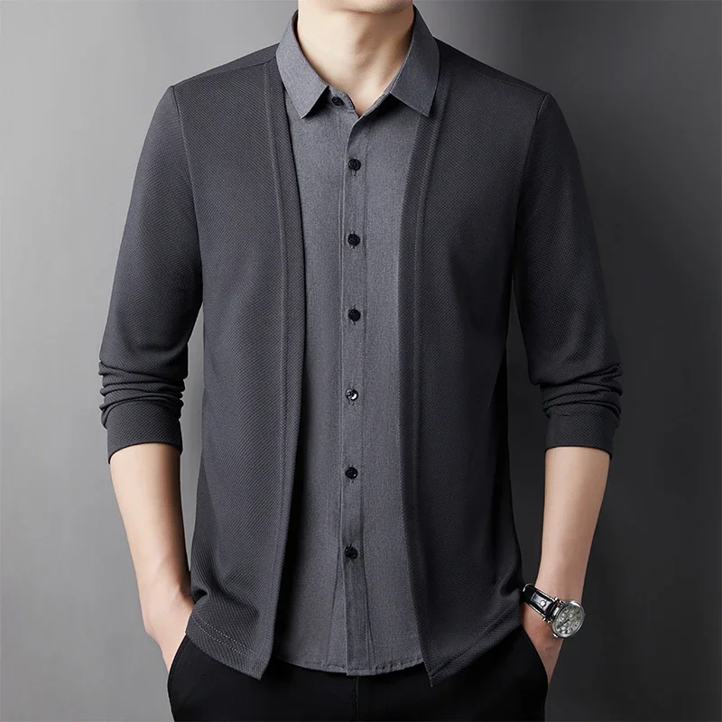 2026 Men's Casual Long Sleeved Shirt Fake Two Piece Comfortable Outdoor Cardigan Korean Version  Fashionable Versatile Top