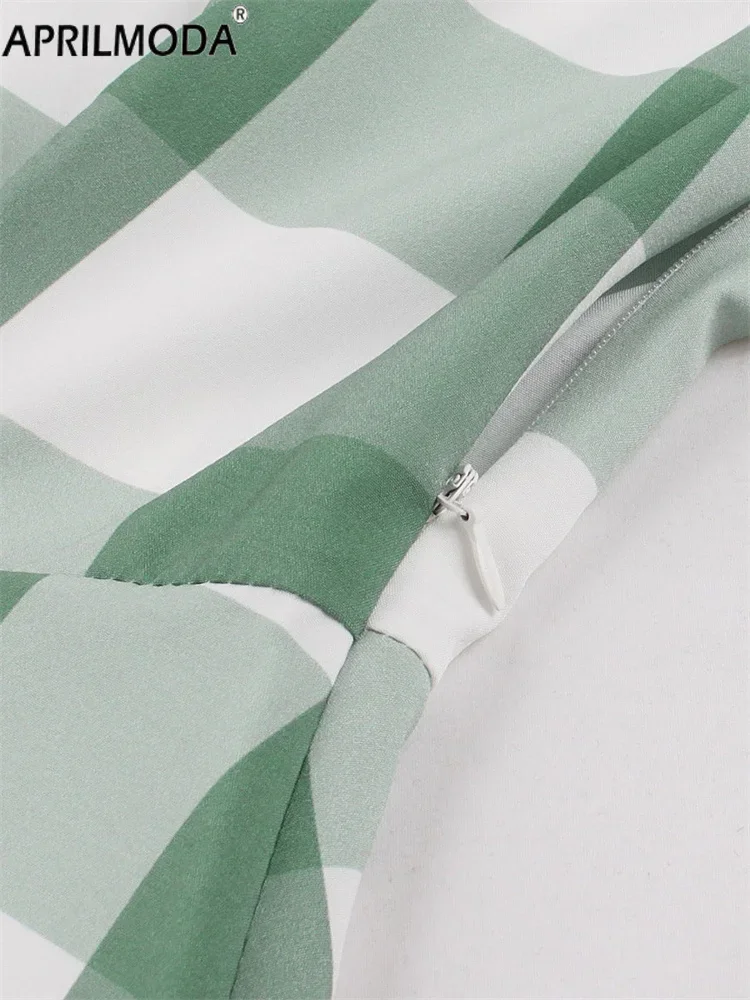 2025 Elegante Vintage Swing Pinup Flare Kleider Grün Plaid Print Hohe Taille Sommer Tunika Runway Midi Abend Casual Kleider 50er Jahre