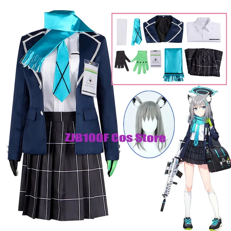 Sky01 Sunaokami Shiroko 코스프레 애니메이션 블루 아카이브 의상 학교 JK 유니폼 가발 모자를 쓰고 있죠 귀 세트 할로윈 파티 복장 foSd01$