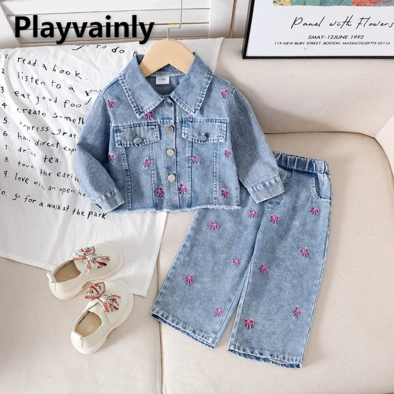 

Новые весенне-осенние детские модные джинсовые комплекты для девочек, куртка с вышивкой и эластичной резинкой на талии, прямые джинсы, детская одежда D2854