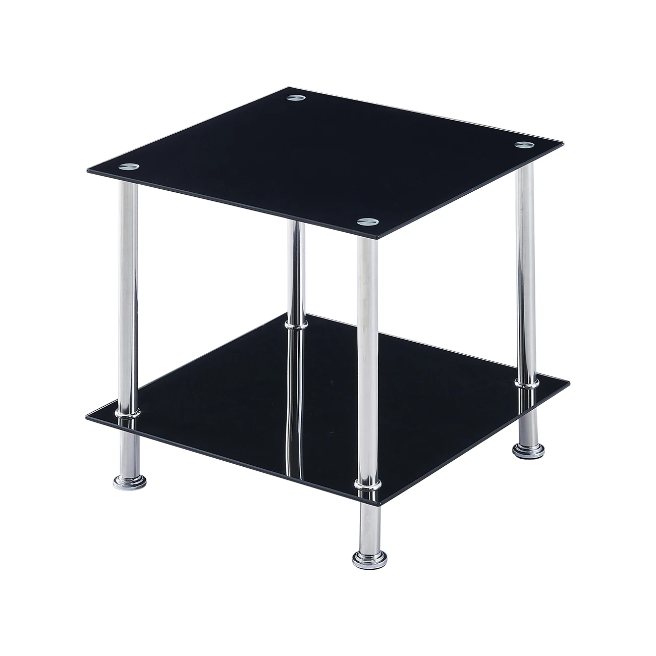 BonChoice 2-Tier Square/Round End Table Black Glass Side Coffee Tables with Stainless Steel Legs