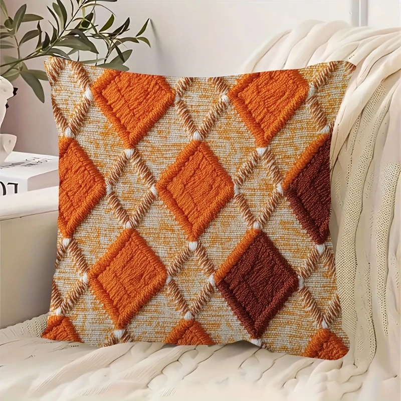 2D Tufted Orange Diamond Pillow Cover Boho Geometric Checkered Soft Throw Pillow Case for Sofa Bedroom Home Decor Gift