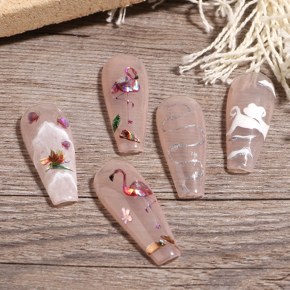 2 pezzi 3D Laser Estate Tropicale Adesivi per unghie Fenicotteri rosa lucidi Woodpeckers Foglie di palma Disegni Decalcomanie adesive Lamine per manicure