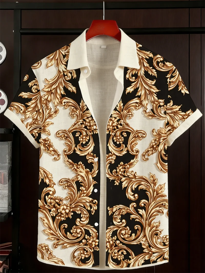 

New black gold Baroque printed men's short sleeved shirt linen light luxury palace style lapel casual shirt