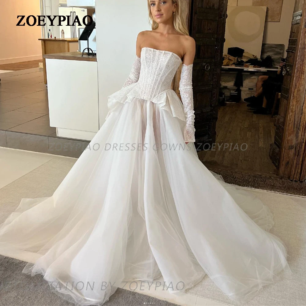 

Luxury Lace Strapless Long Sleeves Wedding Dresses Elegant Tulle Princess Bride Bridal Gowns Dress Vestido De Noiva