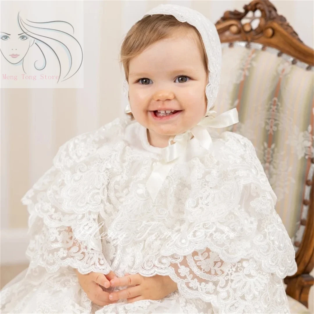 Vestido de manga larga para bebé, vestidos de niña de flores, apliques de encaje blanco, patrón de flores, boda, fiesta de cumpleaños, vestidos de primera comunión