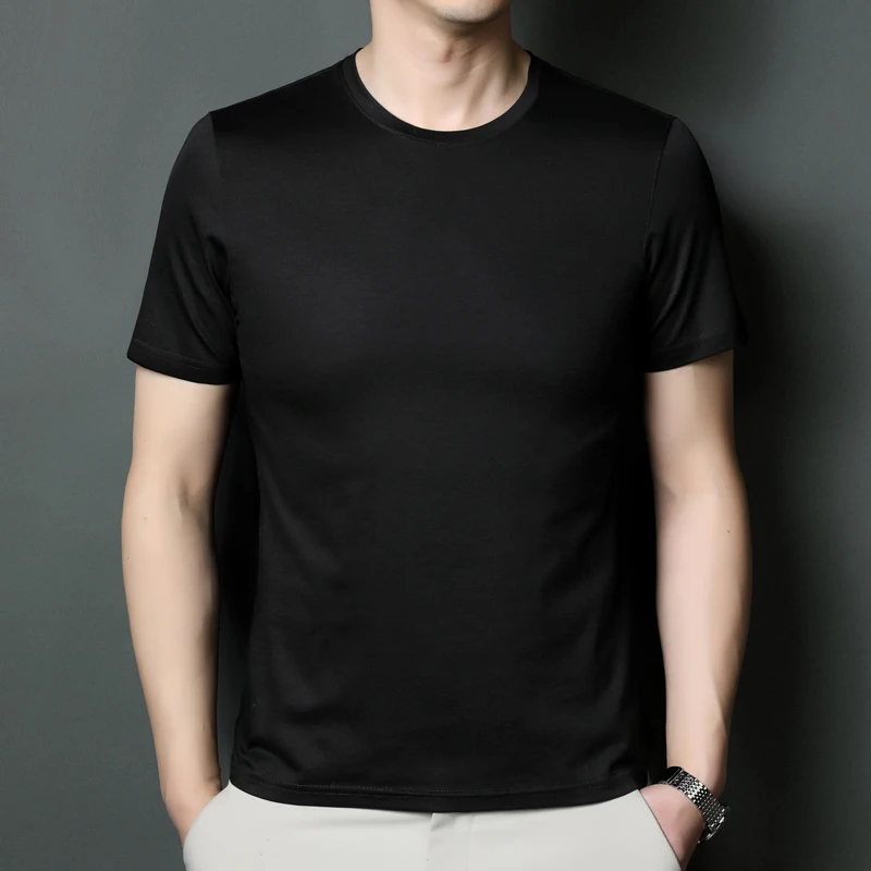 Top Quality Men\'s Mulberry Silk Tops Summer Casual Breathable Lyocell Tee Shirts Male Smooth Silk Cotton T-shirt Short Sleeved