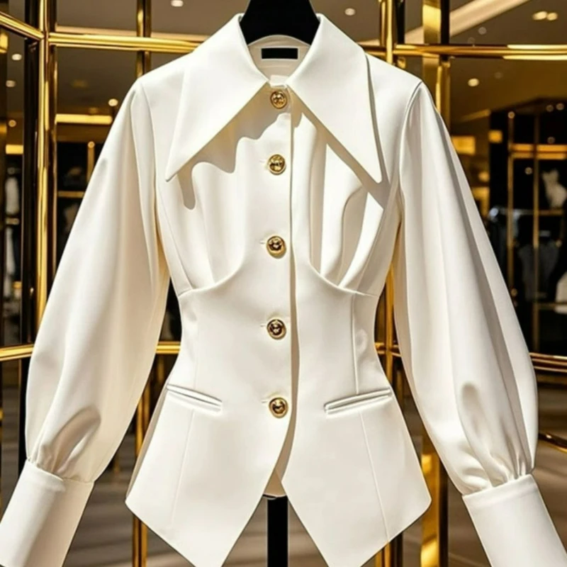 قميص خصر مشدود على الطراز الفرنسي لأزياء الربيع مع قميص أبيض فاخر وراقي فريد وجميل للغاية