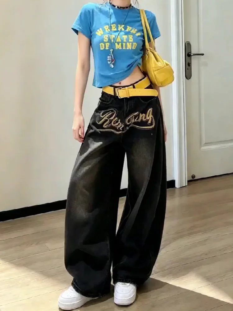 

American High Street Spicy Girl Embroidered Rhinestone Loose Women's Jeans Summer Wide Leg Lazy Style Knife Pants