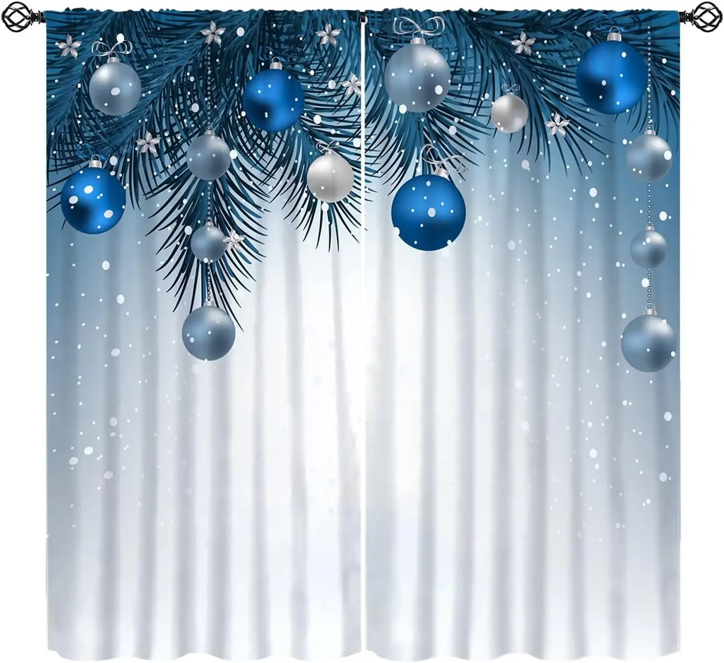 Xmas Ornament Curtain Panels,Elegant Blue Silver Ball Pine Sprig Falling Snow Art Print Drapes for Living Room Window Home Decor