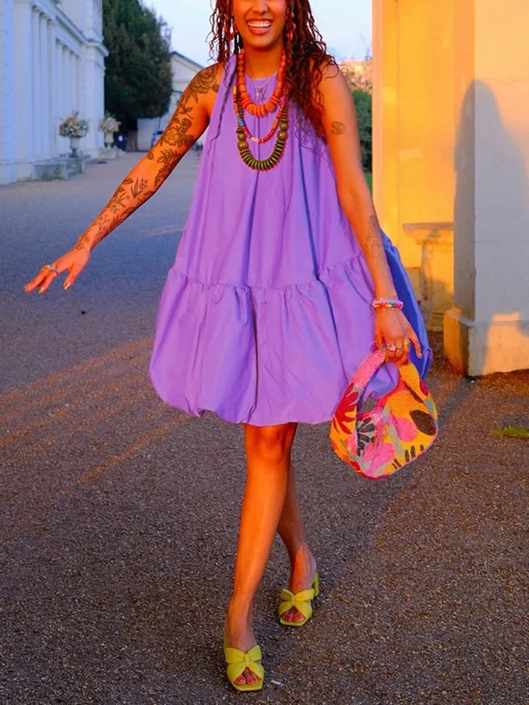 Yeezzi feminino roxo sem mangas em camadas plissado mini vestido 2025 moda boho casual solto balanço vestido de festa de verão vestido linha a