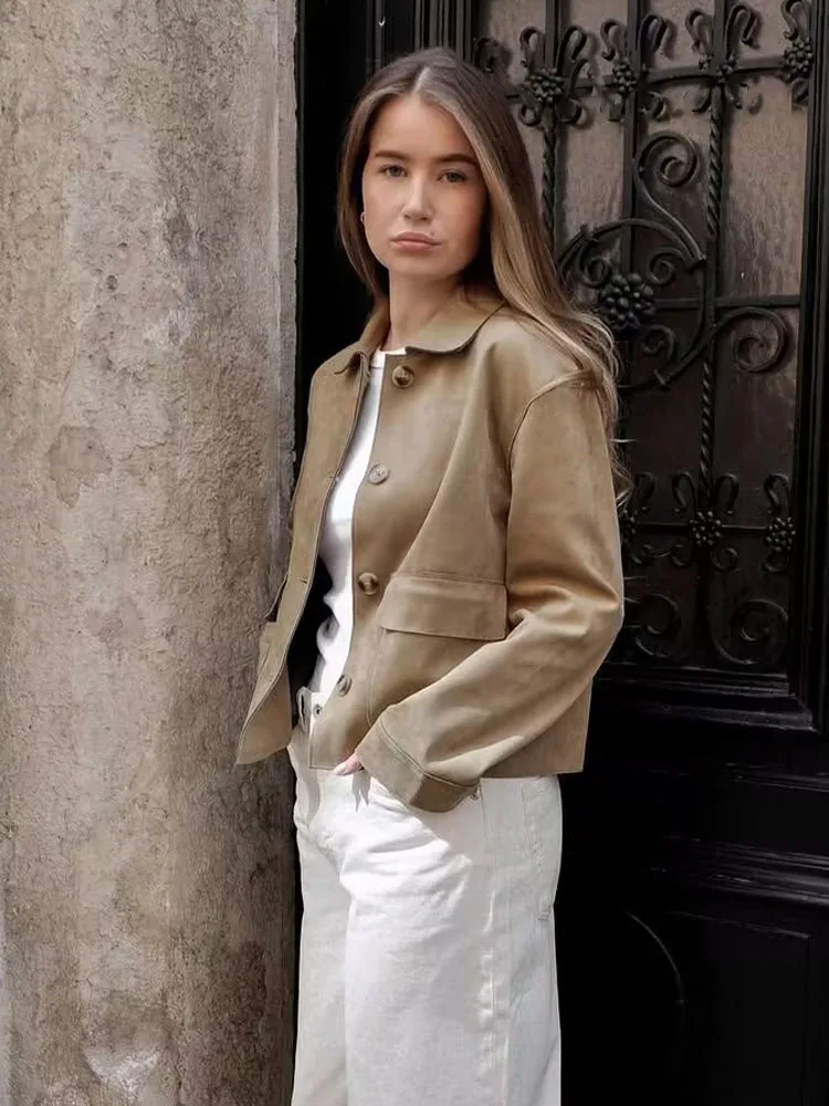 HH Women's Autumn New Fashion Vintage Solid With Pockets Suede Coats Female Lapel Single Breasted High Street Casual Jacket