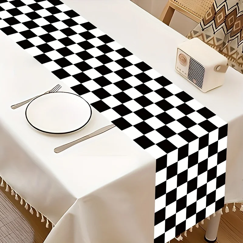 Black White Checkered Racing Theme Table Runner, PE Table Flag for Birthday Baby Shower Party Supplies Home Dining Table Decorat