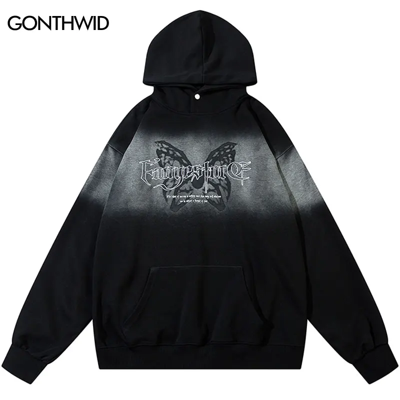 Hip Hop Black Hoodie Grunge Embroidered Letter Butterfly Graphic Printed Tie Dye Hooded Sweatshirt Punk Gothic Oversize Pullover