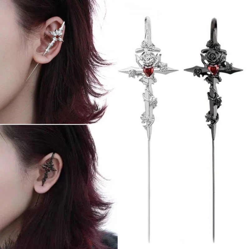 Unique Rose Heart Earrings Cool Ear Pin Stylish Studs Earrings Fashionable Ear Jewelry Alloy Texture Perfect for Women