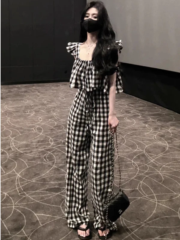 Set Jumpsuit Pelangsing Model Cross-Border dengan Celana Kaki Lebar Motif Kotak-kotak Hitam Putih untuk Wanita, Busana Musim Panas