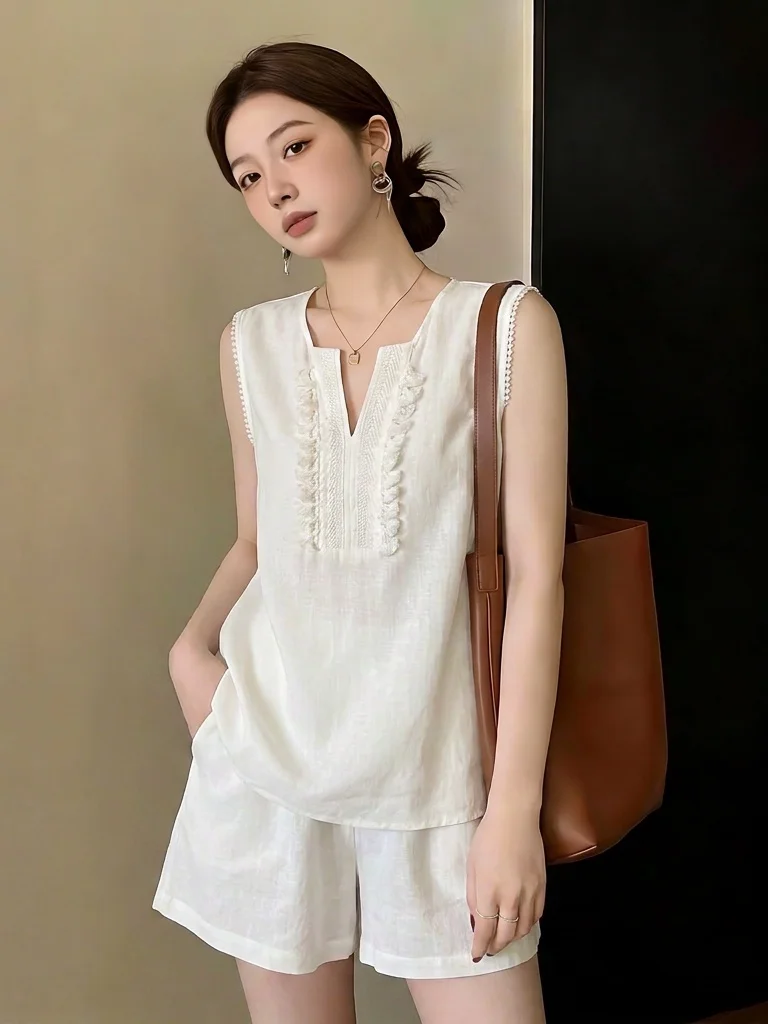 plus Size Women's Summer Fashion Set Thin Linen Vest Shorts Two Piece Set Money Bag Style Casual Commute Wear V Neck Short Sl...