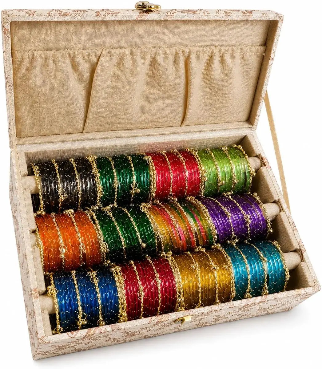 Multicolour glass bangles with ghungroo bangles combo set of 12 dozen with organiser box, bridal bangle sets, wedding gift boxes, jewellery sets festive