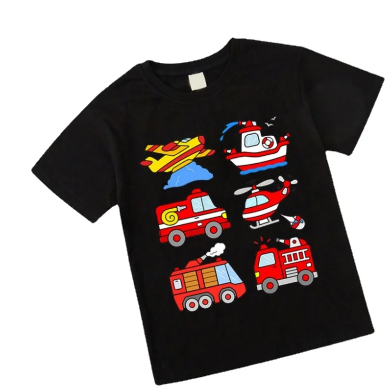 2023 Excavators T Shirt Firetrucks Fire Engines Tshirts Kids Baby  Clothes Costume Children Clothing Locomotive Cartoon Car Tops