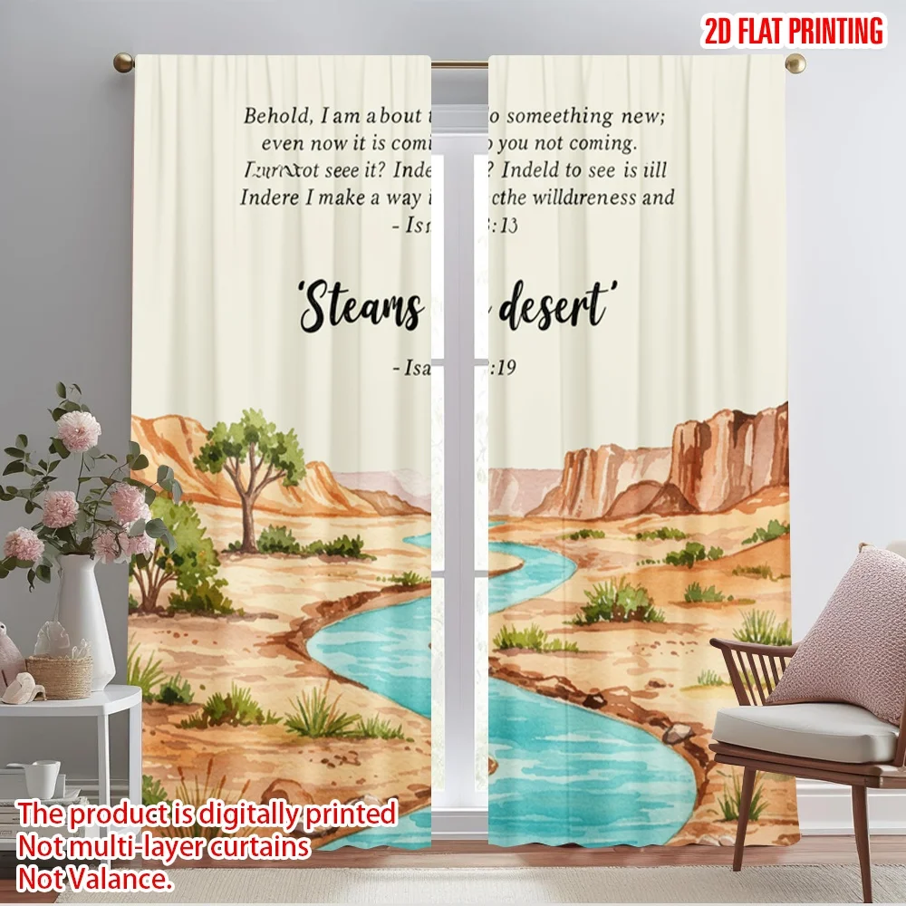 

2pcs 2D flat printing Window Curtains Desert Streams Wilderness Oasis Fabric Without Electricity Family Party Use for Photo