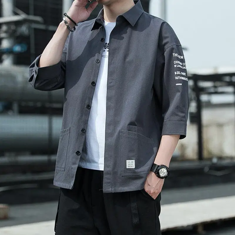Summer Men's Loose Fit Casual Shirt Half Sleeve Thin Workwear Jacket Korean Style Fashion Brand Youth Popular Polyester Fiber