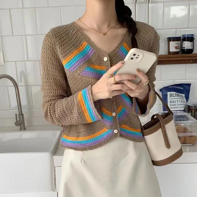 Chato mel chato mel arco-íris ondulado listras cor combinando babados camiseta fino cardigan casaco curto nova idade-reduzindo camisola