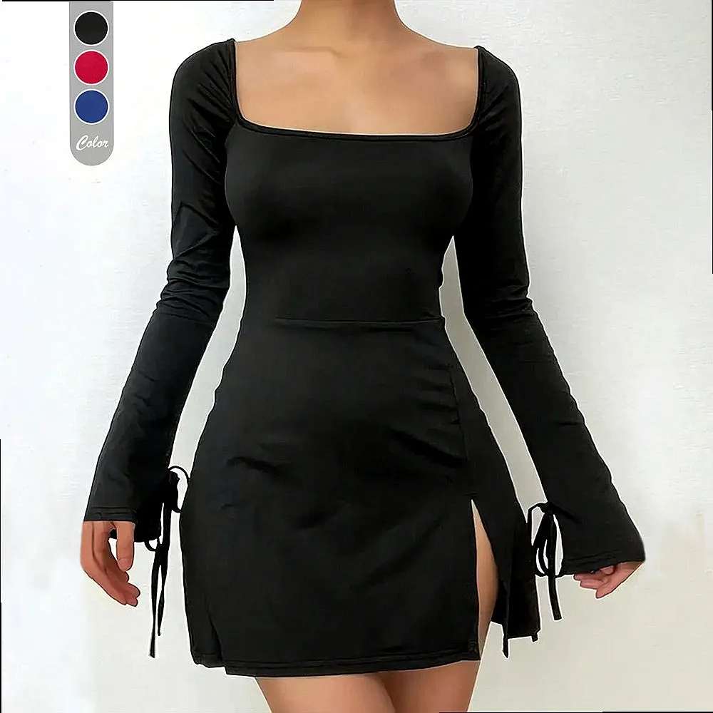 Red Mini Dress Dresses Spring Summer Square Neck High Waist A Line Split Flared Skirt