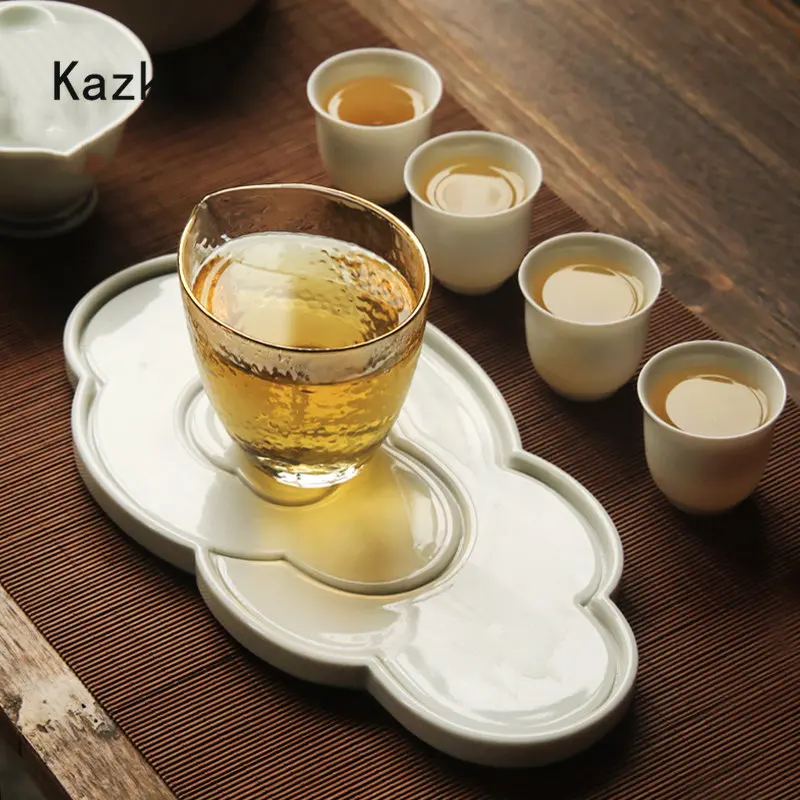 Retro Tea Art Ceramic Storage Tray Creative Cloud Texture Zen Plate Tea Cup Tea Pot Trays Decorative Living Room Decoration