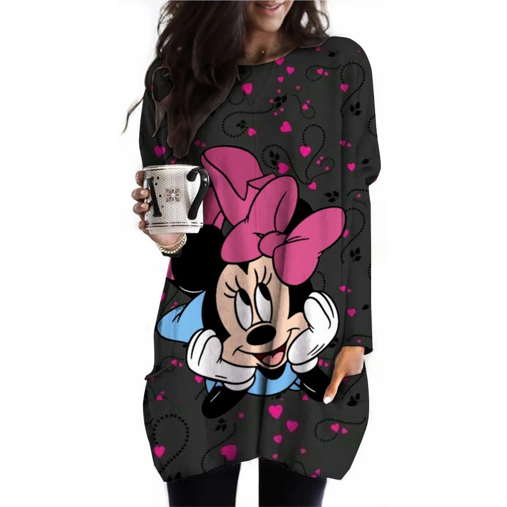 Christmas women's long sleeved T-shirt cartoon Disney Mickey Mouse round neck pocket dress autumn and winter casual loose women'