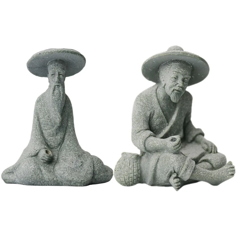 

2pcs Fisherman Statue Ornament Sandstone Old Fisherman Rockery Adornments For Aquarium Pond Garden Bonsai Fish Tank Landscape