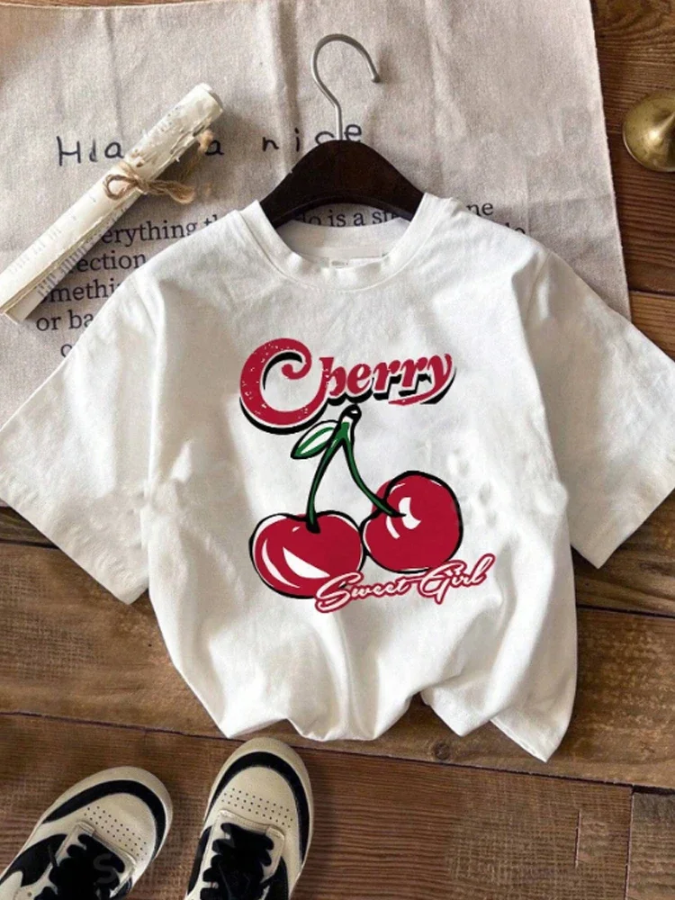 Women's White Round Neck Short Sleeve T-Shirt, Casual Cherry Printed T-Shirt, Suitable for Summer 2024 Tee