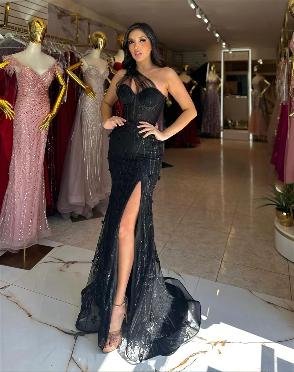 Jessica 3D Decal Black Prom Dresses Luxury Glitter Sequin Tulle Formal Evening Dresses Women's Long Party Dresses Wedding Dress