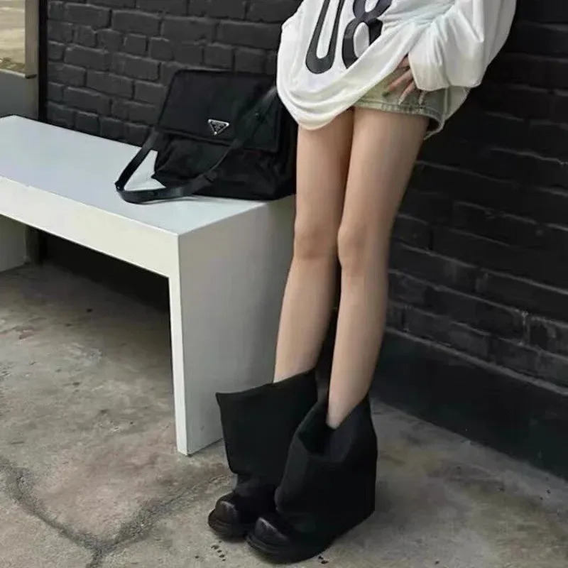 Fashion Mixed Color Denim Tube Women Boots Round Toe Chunky Heel Mid-Calf Ankle Boots Ladies Casual Big Head Short Boots