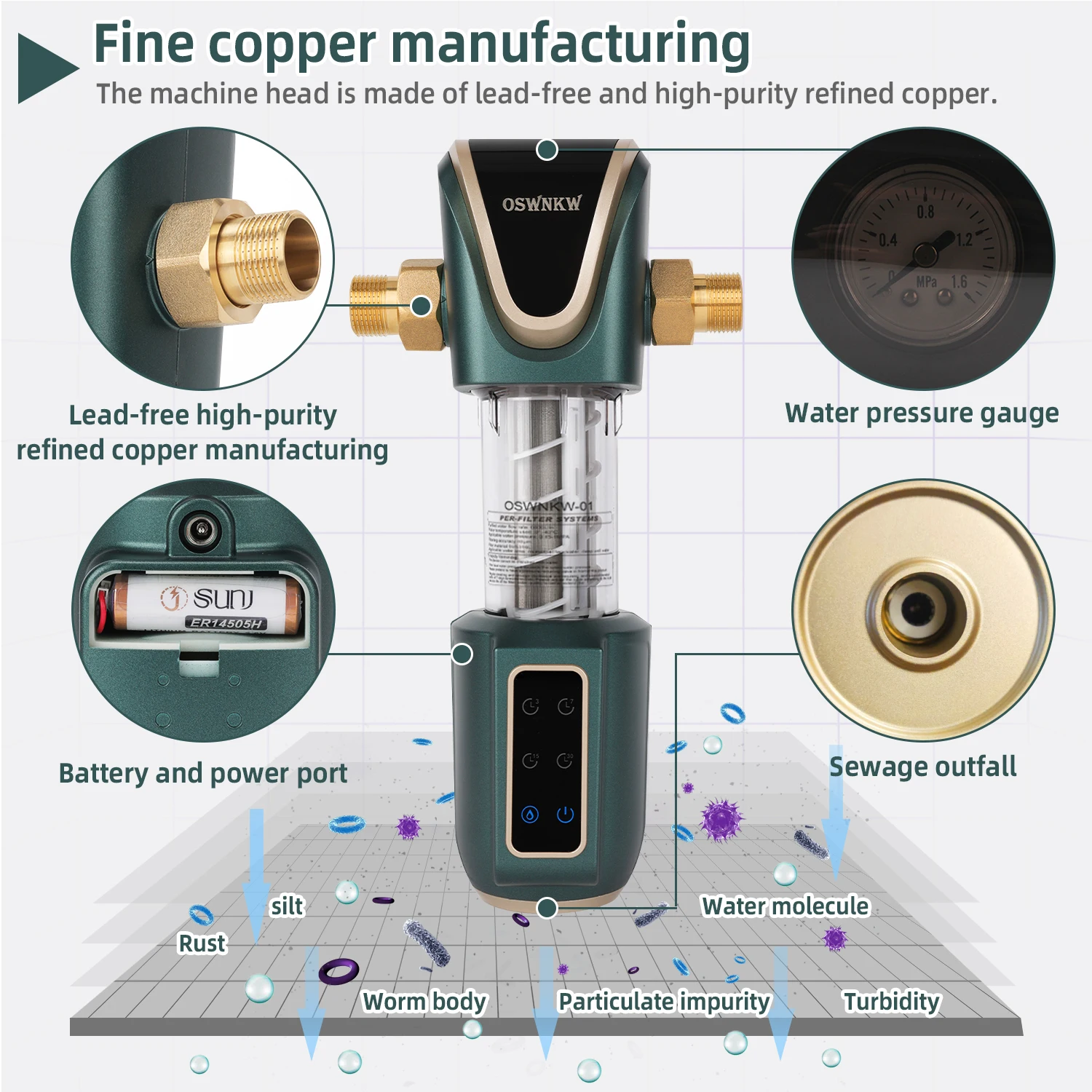 Purificateur de filtre OSWNKW-01Pre pour toute la maison, filtre à eau à sédiments, système de préfiltre central, lavage à contre-courant, maille en acier inoxydable