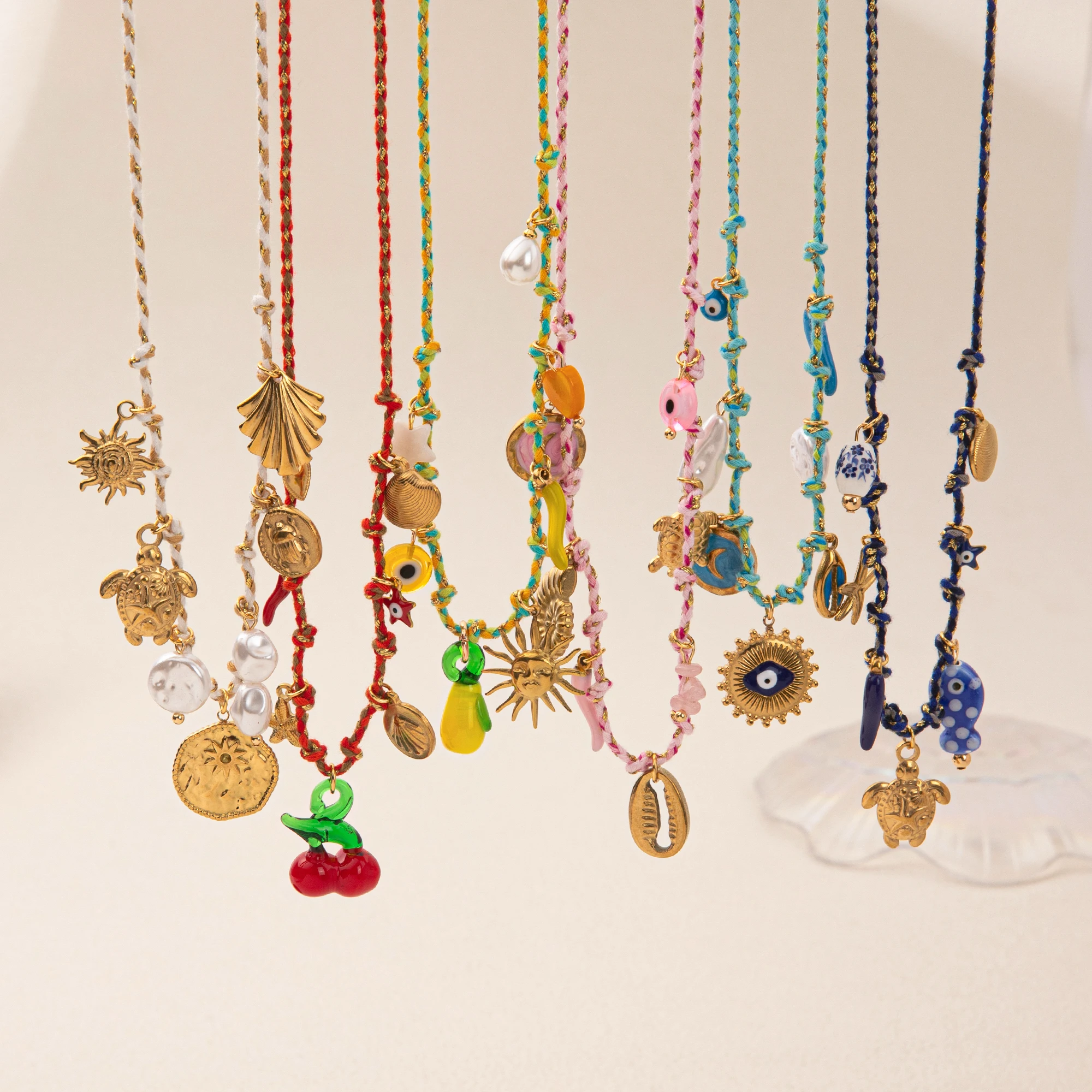 

Personalized knotting rope chain, sun cherry eyes, ocean pendant necklace, gold-plated color preservation