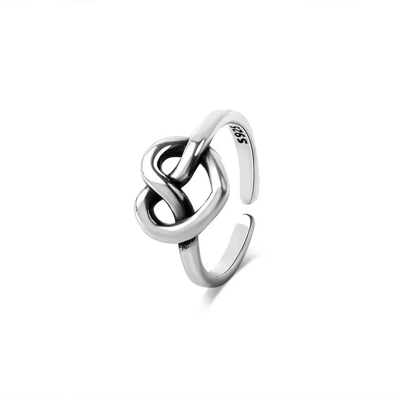 925 Sterling Silver Adjustable Rings for Women Girls Hollow Heart Simple Twine Wave Pattern Creative Design Bride Fine Jewelry