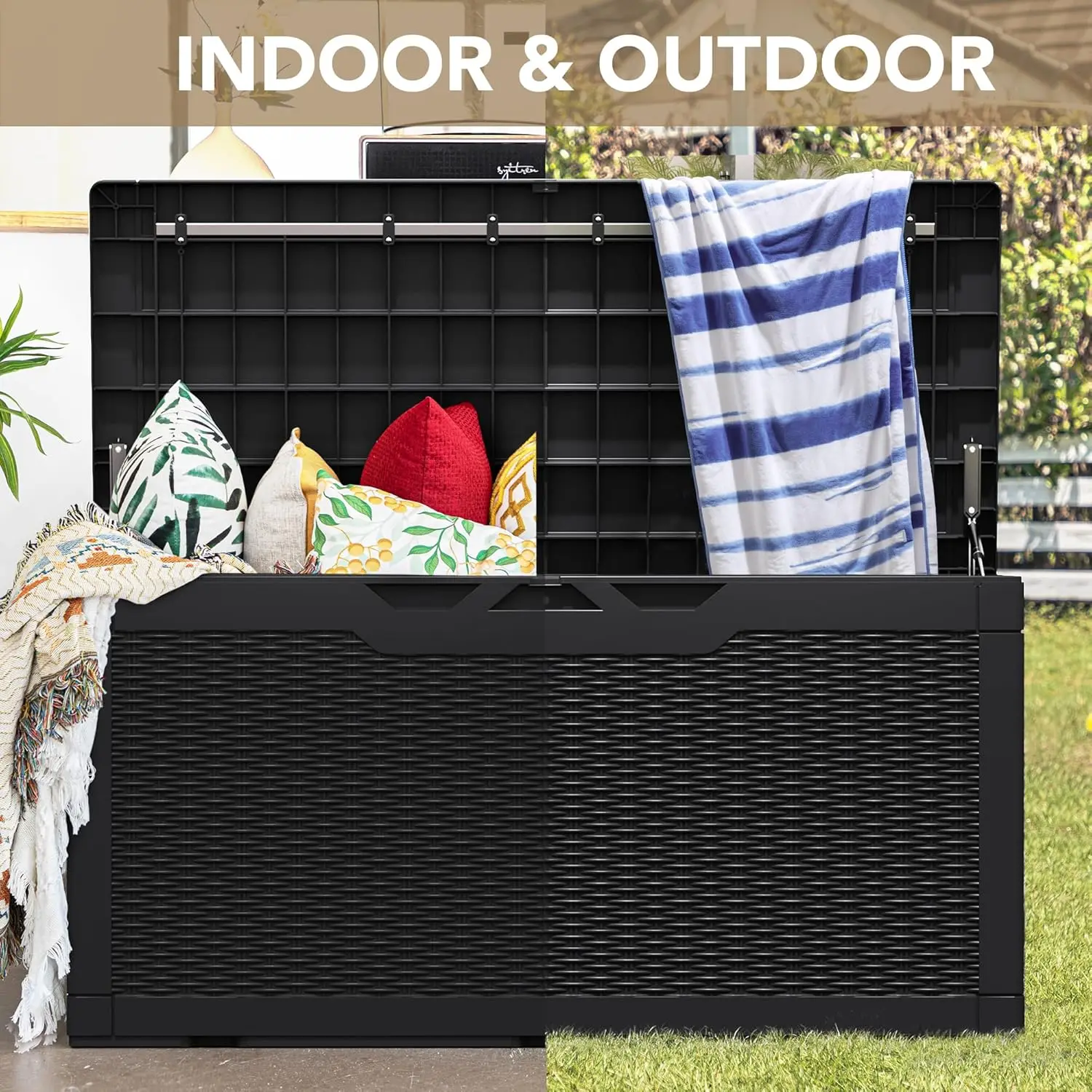 Waterproof large resin deck box, indoor and outdoor lockable, courtyard furniture cushion, garden tools storage container