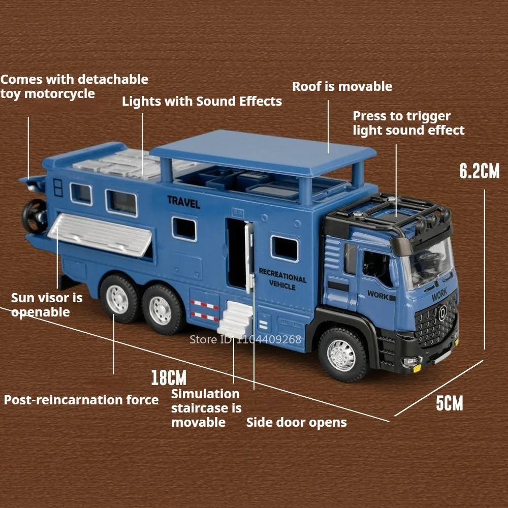 1:43 Travel RV Model Car Toy Metal Diecast Doors Opened Pul Back Camping Cars Miniature Transport Vehicle Ideal Ornament