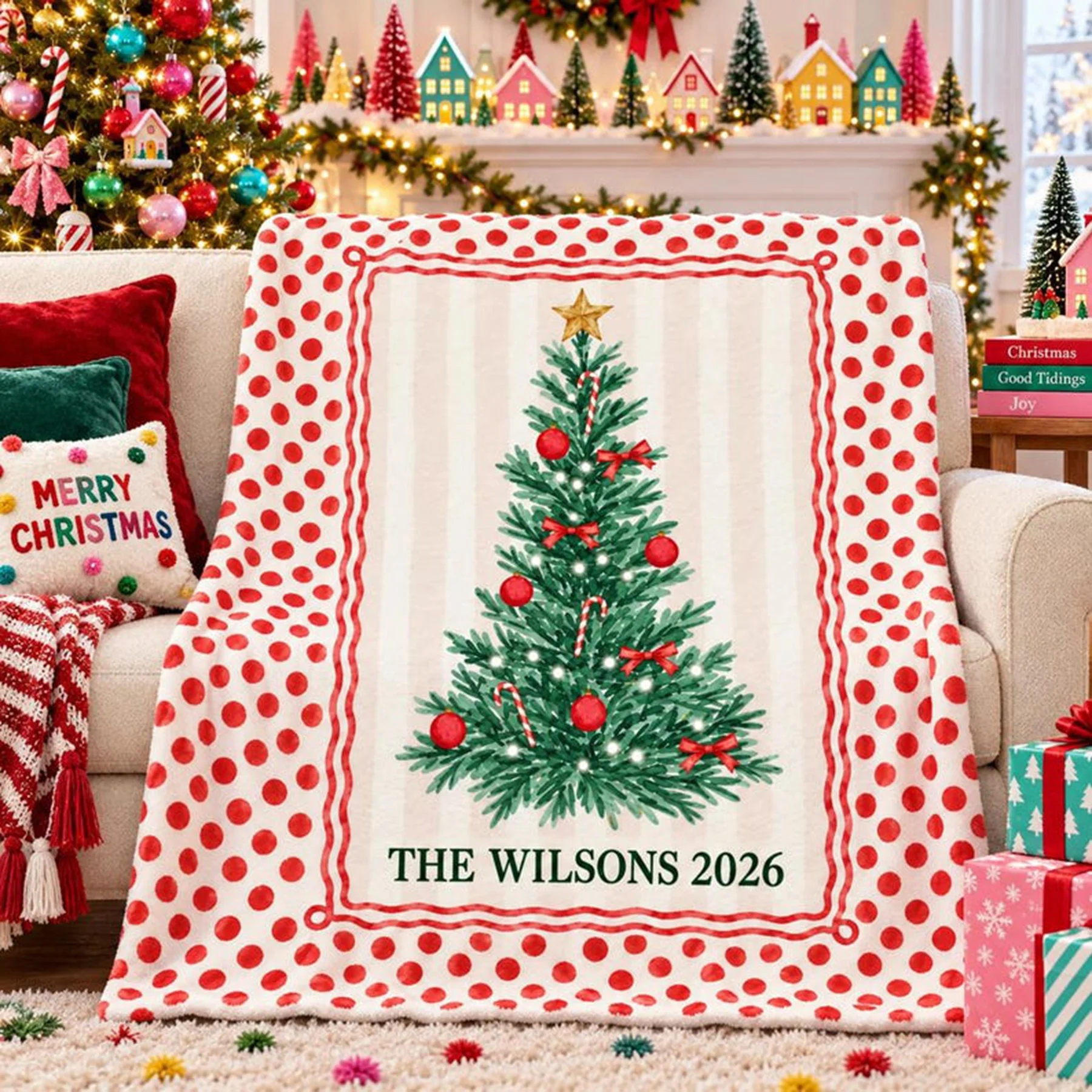 Personalized Christmas Blanket, Custom Family Name Throw Blanket,  Christmas Tree Blanket, Holiday Home Decor, Family Xmas Gift