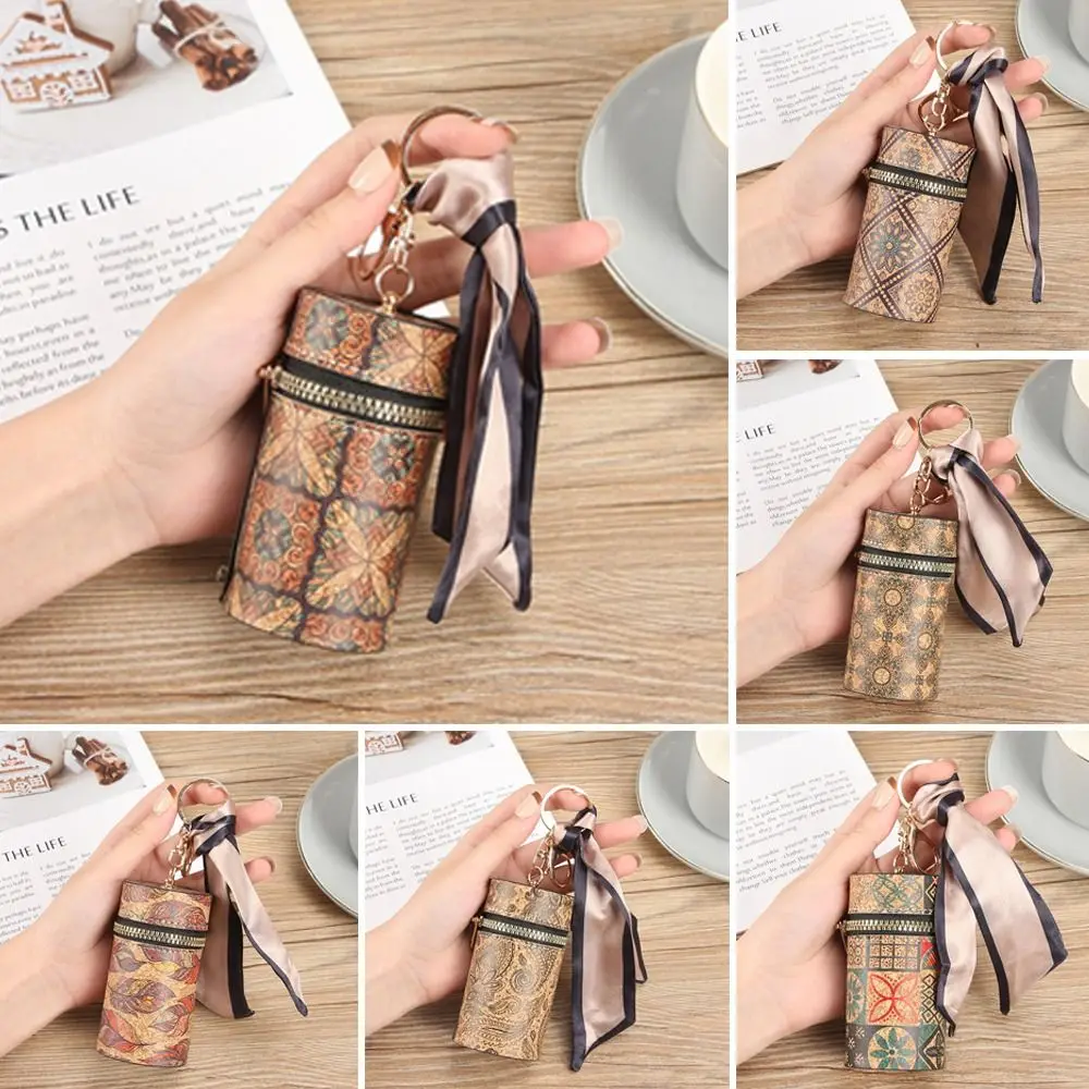 Retro PU Mini Lipstick Bag Cylindrical Cartoon Printed Bucket Bag Wood Grain Key Coin Purse for Woman Girls