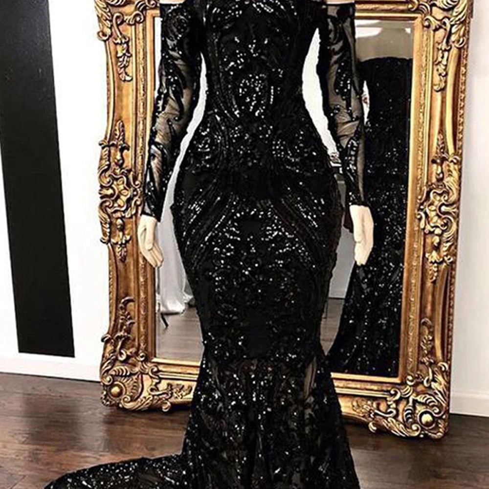 Black Lace Sequined Women Evening Dresses 2023 Latest Vestido Boat Neck Long Sleeves Exquisite Wedding Prom Party Robe De Soiree