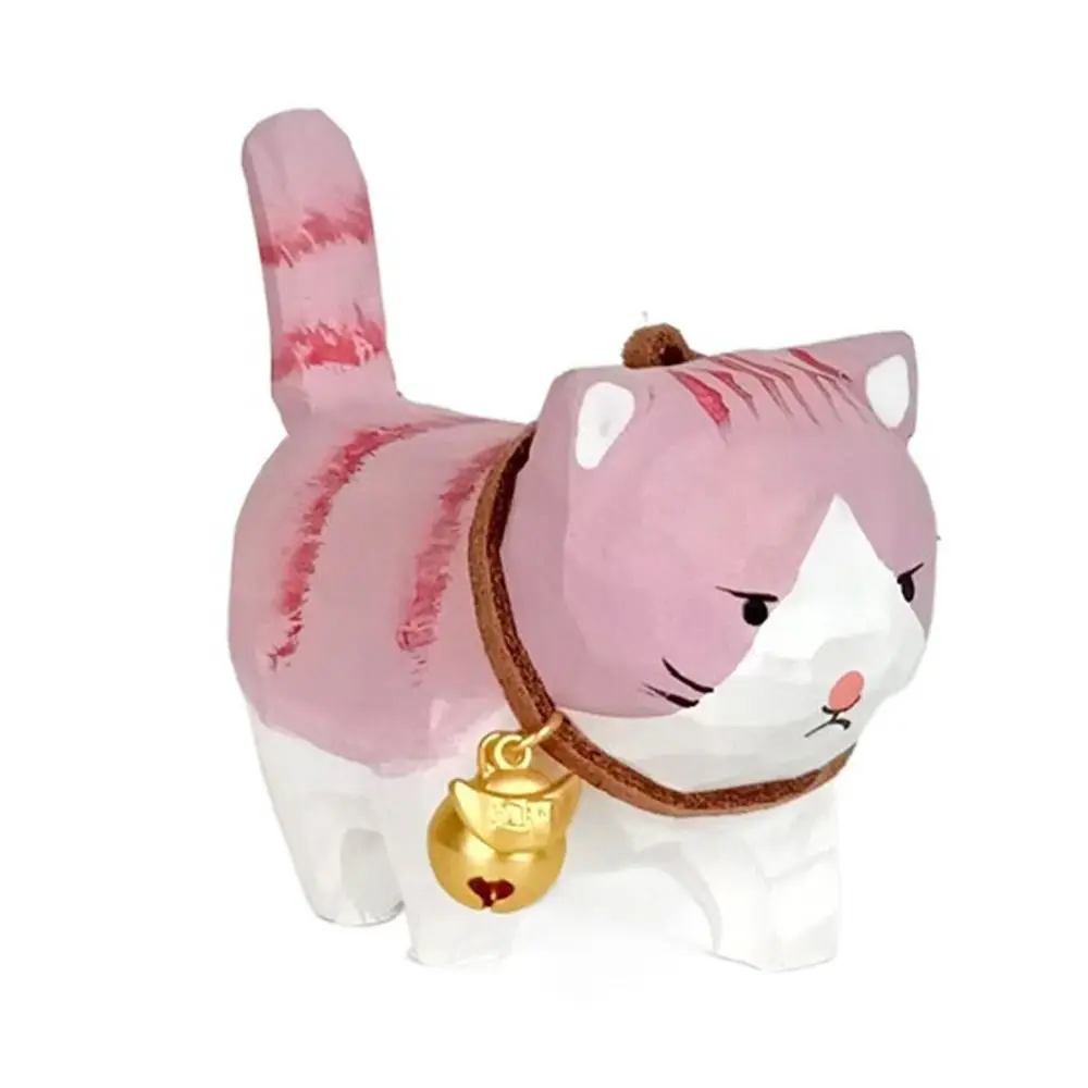 Bel Kat Houtsnijwerk Kat Ornament Massief Hout Eenvoudige Stijl Geschilderd Cartoon Kat Sculptuur Schattig Klein