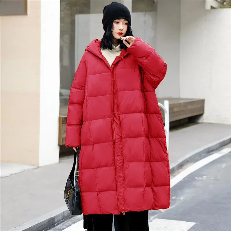 White Duck Down Long Coat, Thickened Warm Hooded Jacket, Casual Loose Parker Coat, Fall and Winter, 2024