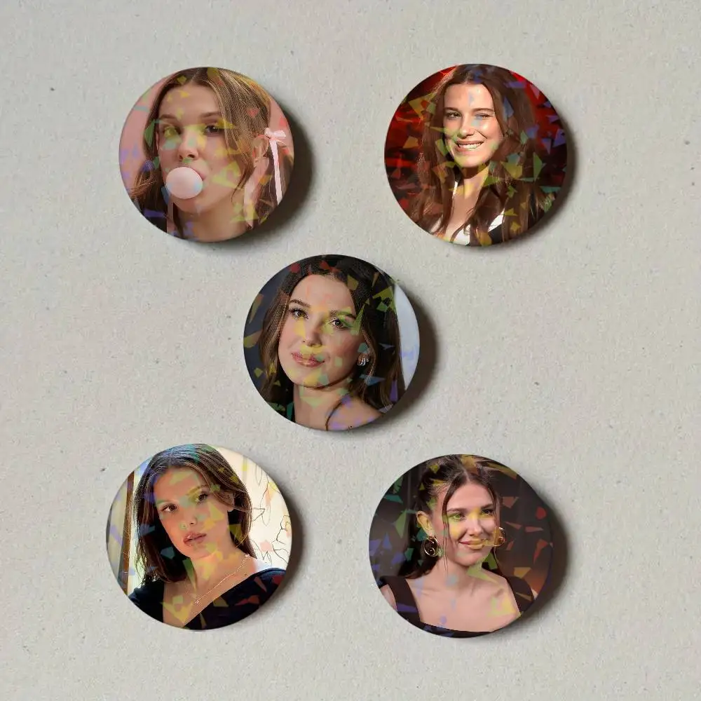 Actor M-Millie Bobby Brown Round Exquisite Laser Badge Brooches Creative Pins For Clothes Hat Backpack Gift Accessories